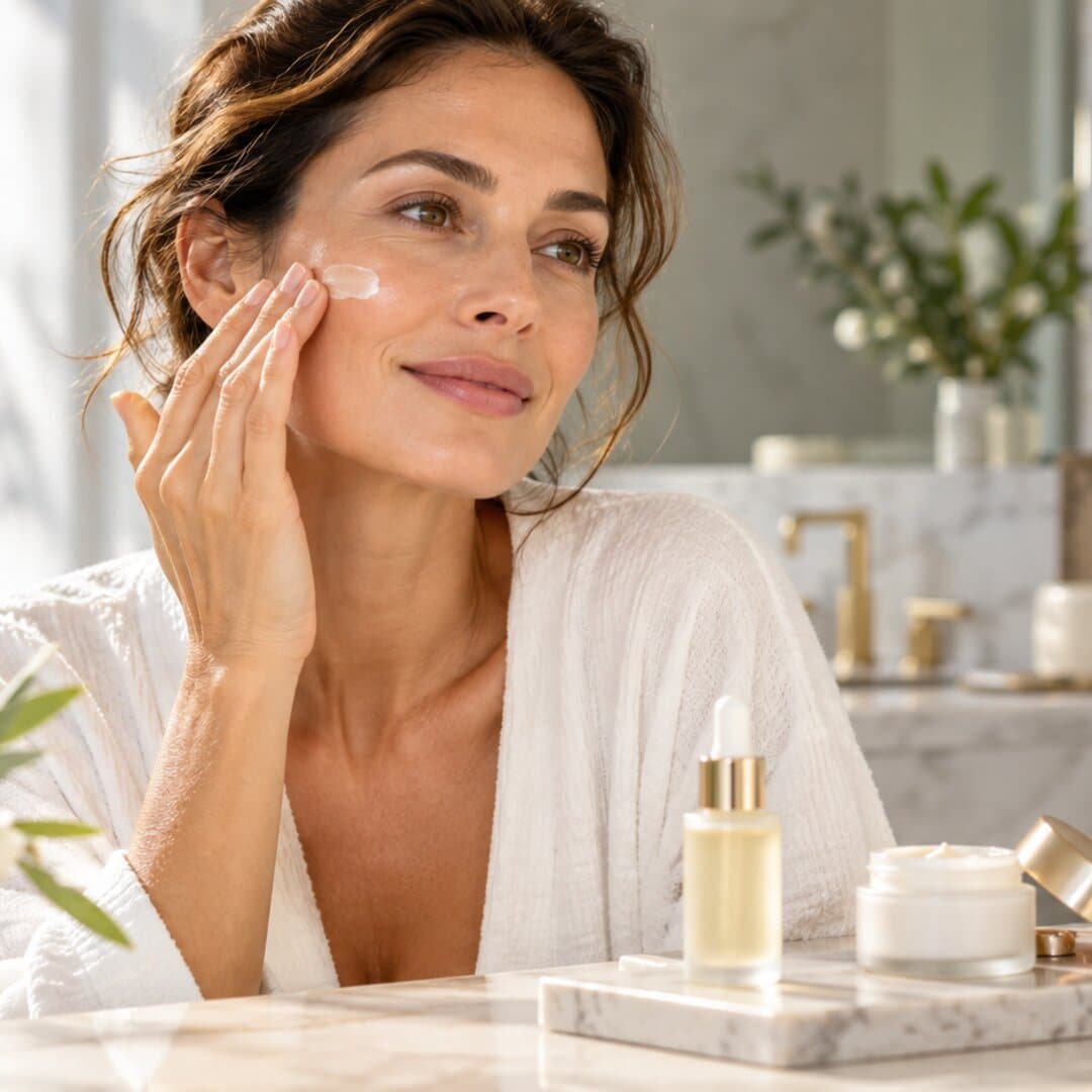 Donna applica skincare anti-age Biokosmo davanti allo specchio